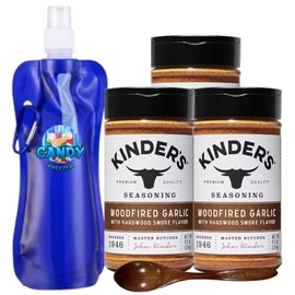 Kinder’s Premium Blend Seasoning – Three (3) 9.5 oz Bottles – All-Purpose Rub for Grilling, Cooking & Roasting – No MSG, Gluten-Free, Non-GMO – Includes Collapsible Bottle & Wooden Spoon (Total 28.5 oz) ( Woodfired Garlic with Hardwood Smoke Flavor )