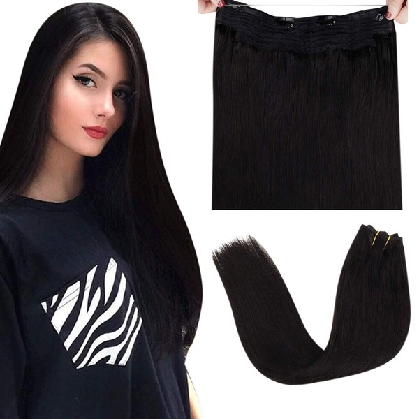 LaaVoo Remy Halo Hair Extensions Real Human Hair Black Halo Wire Hair Extensions Straight Color #1b Off Black Invisible Halo on Natural Hair Extensions with Fish Line One Piece Double Weft 80g 18"