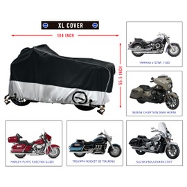 Heavy Duty Motorcycle Cover, Breathable, Reflective Strips, Elastic Bottom, Luggage Strap, Lockable Grom, Durable Sewn Cutouts, Outdoor, Waterproof (Black/Silver, Extra Large)