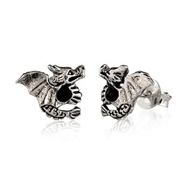 NKlaus Pair of Celtic Gothic Dragon Stud Earrings 925 Silver Black Onyx 3033, Sterling Silver