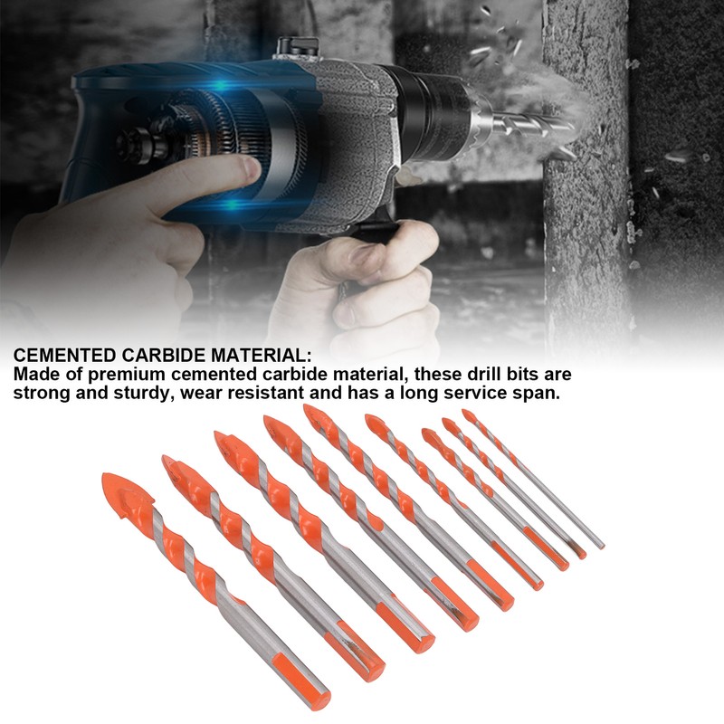 9Pcs Masonry Drill Bits Set Cemented Carbide Industrial Strength Carbide