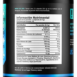 Clear Blend de 90 cápsulas. Ingredientes naturales: Hongo Melena de León, Bacopa, L-Tirosina, L-Teanina, Vitamina B1, Semilla de Uva Roja y Vitamina B