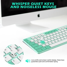 POWZAN Wireless Keyboard and Mouse, Ultra Slim Compact Full Size Wireless Keyboard and Mouse Combo 2.4G Ultra-Thin Sleek Design for Windows, Mac, Computer, Desktop, PC, Notebook - (Green White)