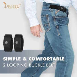 2 Pack No Buckle Elastic Belts for Men Buckle Free Stretch Belt Invisible 2 Loops Belt for Jeans Pants by JASGOOD(Fits 2 loop distance 11"-16",A-Black+Black(Gun Buckle))