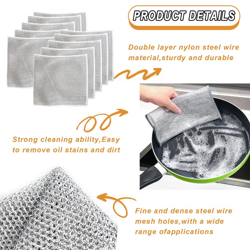 Azxndy 10Pack Double Silver Ply Wire Dish Cloths, Wet and
