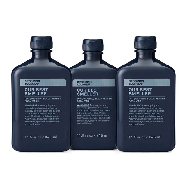 Grooming Lounge Our Best Smeller Body Wash - Moisturizing, Clarifying Travel Shower Scrub - Fresh, Classic, Suave Fragrance of Acai, Aloe Vera, Seaweed, and Black Pepper - Dry Skin Defense - 3 pack