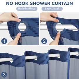 FADOTY No Hook Shower Curtain and Snap in Liner Set Navy Blue Tufted Chevron Striped Cloth Waterproof Washable Fabric Boho Bath Curtain with See Through Mesh Top Window for Bathroom Hotel 71" x 74"