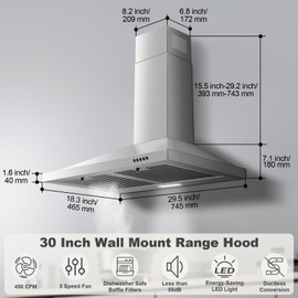 Zomagas Range Hood 30 inch, Wall Mount Range Hood Ducted/Ductless, Kitchen Hood in Stainless Steel, Vent Hood with Baffle Filters, 3 Speed Fan, Push Button Control, Energy-Saving LED Light