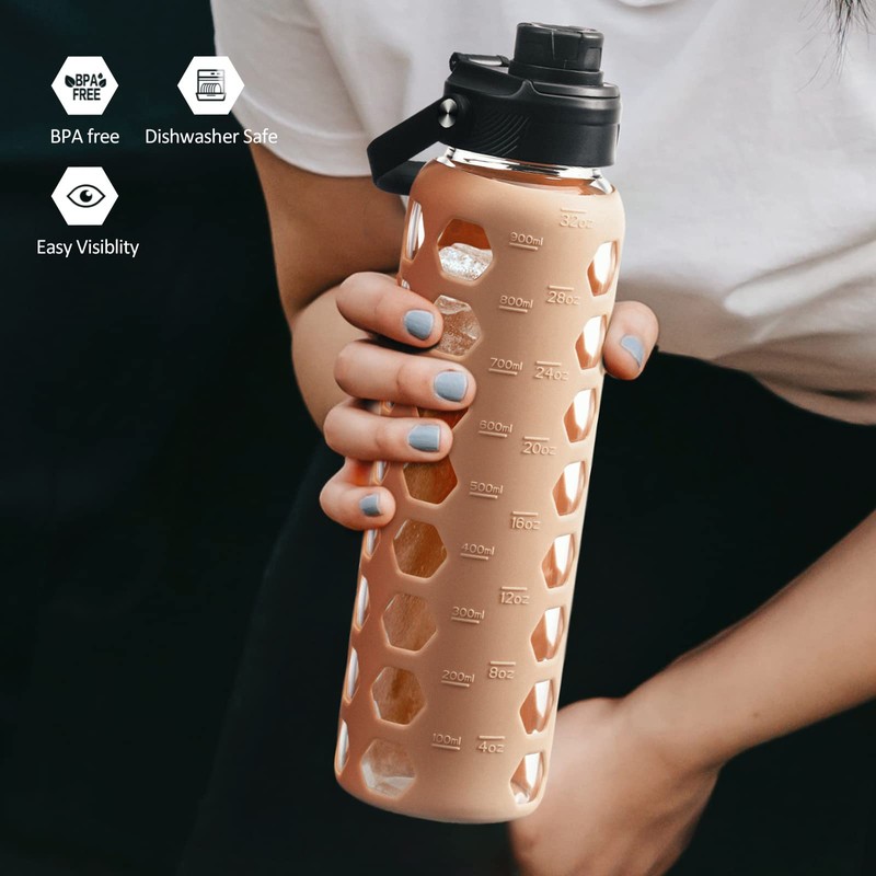 MUKOKO 32oz Glass Water Bottles with 2 Lids-Handle Spout Lid&Bamboo