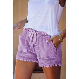 YOCUR Women Loose Casual Denim Shorts Cute Trendy Fringe Short Jeans Aesthetic Elastic Waist Kawaii Vintage Hot Pants Purple S