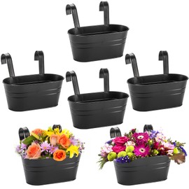 Foraineam 6 Pack Hanging Flower Pots, Metal Iron Hanging Planter Plant Pot Holders for Railing Fence Balcony, Black Hanging Bucket Pots Outdoor Porch Decors with Detachable Hooks and Drain Holes