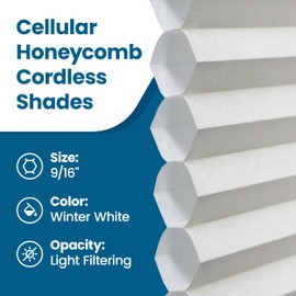 BlindsAvenue Cellular Honeycomb Cordless Shade, 9/16" Single Cell, Light Filtering, Winter White, Size: 30" W x 72" H