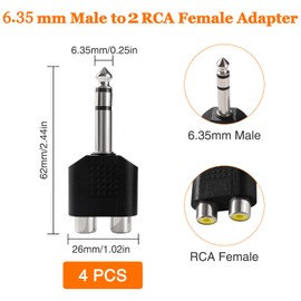 KUOQIY 4 Pieces 6.35 mm to RCA Splitter Adapter, 6.35 mm Stereo Male to 2 RCA Female Audio Adapter, Nickel-Plated