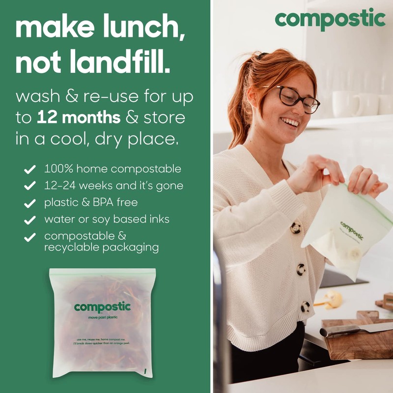 Compostic Home Compostable Resealable Gallon Bags, Microwave & Freezer Safe,