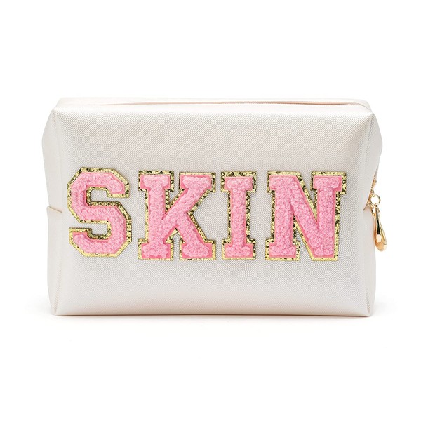 Fumxincg Preppy Patch SKIN Varsity Letter Cosmetic Bag Toiletry Bag PU Leather Portable Makeup Bag Zipper Pouch Storage Purse Waterproof Organizer Gift for Women Teen Girls Daily Travel Use （White）, White, Makeup Bag