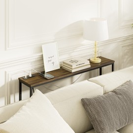 SONGXIN 63 Inch Console Table with Power Outlet,Modern Narrow Long Sofa Table Behind Couch,Skinny Entry Table with Black Metal Frame for Entryway,Living Room, Hallway,Walnut Brown