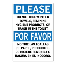 Please: Do not Throw Paper or Trash in Toilet, Bilingual Sign, 3.5 X 5 Inch, Black/Blue on White, Self-Adhesive Vinyl Sticker