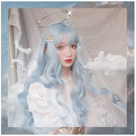 Eileen Long Curly Light Blue Wig, Perm, Full Wig, Natural Texture, Curly Hair, Princess Hair, Fluffy, Heat Resistant, Wig, Wind Away Girl, Small Face, Cute