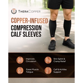 TheraCopper Copper Calf Compression Sleeve — Premium Copper Compression Shin Sleeve for Men & Women — Breathable & Non-Slip Leg Sleeves for Runners, Shin Splints, Muscle Recovery & Leg Fatigue