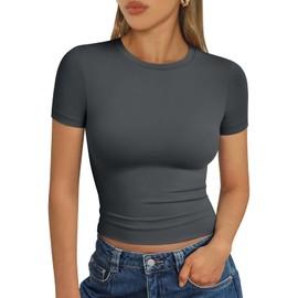 AUTOMET Womens Short Sleeve T Shirts Basic Summer 2025 Workout Tops Crew Neck Gym Crop Tops Trendy Y2K Clothes Gray XS