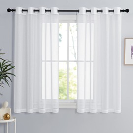 Pony Dance Bistro Curtains, Set of 2 Transparent White Curtains with Eyelets, H 114 x W 140 cm, Long Net Curtains, Linen-Look Curtains for Living Room, Short Curtains