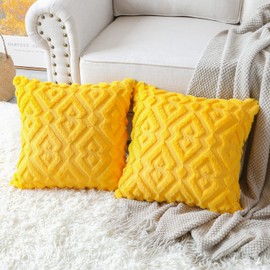 Artscope Pack of 2 Soft Plush Short Wool Velvet Decorative Cushion Covers Luxury Style Throw Pillow Covers European Pillow Shell for Sofa Bedroom Diamond Shape Yellow, 45x45cm