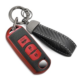 CTRINEWS for Mazda Key Fob Cover with Carbon Fiber Style Belt Keychain, Upgraded Soft TPU Surface Grain Case for CX-3 CX-5 CX-7 CX-9 Mazda 3 6 MX-5 Miata (3 buttons) Key Fob Shell (Red, A2)