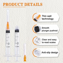 100 Pack 2.5ml/cc Lab Syringes Luer Lock with 25Ga 1 Inch(25mm) Needle, Disposable Individually Wrapped for Scientific Labs, Feeding Small Animals, Dispensing, Applicator, Watering