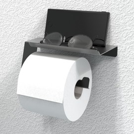 AquaChase Toilet Tissue Paper Holder with Shelf for Mega Rolls, Bathroom Organizer for Cell Phone, Tablet or Wet Wipes, Easy Loading Rust-Proof Stainless Steel Construction (Single, Matte Black)