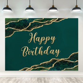 Riyidecor Emerald Green Happy Birthday Backdrop for Men Women 7Wx5H Feet Polyester Fabric Fluid Gold Marble Luxury Abstract Bday Party Photography Background Decor Banner Studio Photo Shoot
