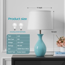 PARTPHONER Table Lamp Set of 2, Modern Ceramic Bedside Lamps for Night Stands, Classic Small Lamp Nightstand Lamp for Bedroom Living Room Desk End Table Rocker Swtich Sky Blue