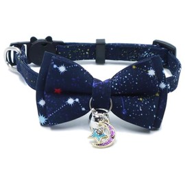 Petiry Starry Sky Cat Collar with Bow and Bell,Breakaway Kitten Collar Featuring Moon-Star Charm,Cute and Safe Pet Accessory,Pack of 1,Dark Blue