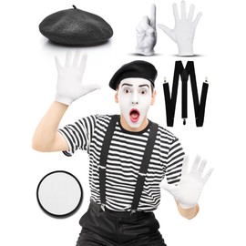 Mega_Jumble Frenchman Mime Artist Men's French Joker Costume Set - Beret, T-Shirt, Braces, Gloves and Face Paint | Themed Party Stag Do Role Play Book Week Fancy Dress (XL)