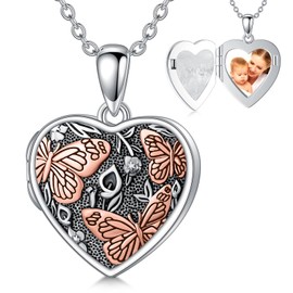 MEIDERBO Butterfly Locket 925 Sterling Silver Butterfly Heart Shaped Locket Pendant Necklace That Holds Pictures Photo Locket Jewelry Gifts for Women