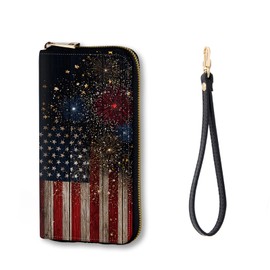 Vobber RFID Blocking Zip Around Wallet for Women with Detachable Strap | Large Capacity Leather Card Holder & Travel Wristlet Purse,American Flag with Fireworks