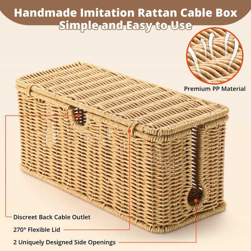 2Pack Large Cable Management Box, Handwoven Imitation Rattan Cord Organizer