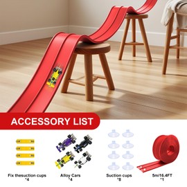 Puniama 5M Flexible Car Track Set with 4 Alloy Cars, 8 Suction Cups & 4 Bases – DIY Loops, Ramps & Gravity-Powered Racing Track, Birthday Gift for Kids 3-8 (Red)