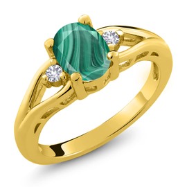 Gem Stone King 18K Yellow Gold Plated Silver Green Malachite and White Created Sapphire 3 Stone Engagement Ring For Women | 2.08 Cttw | Oval 8X6MM | Round 2MM | Available in Size 5,6,7,8,9