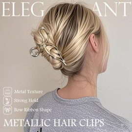Oneasmot Metallic Bow Hair Clips (2 Pack), Medium Metal Hair Claws, Gold & Silver Alloy Elegant Hair Clamps Y2K Stylish Hair Accessories for Thick and Thin Hair