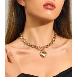 LILIE&WHITE Gold Heart Necklace For Women With Puffy Heart Pendant Chunky Gold Necklace Thick Link Necklace Chain Necklace Unique Gold Necklaces Fashion Jewelry, Brass, No Gemstone