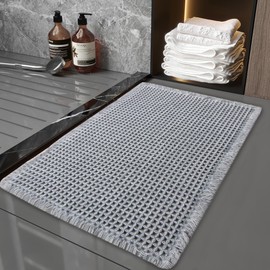 Bathroom Rugs Waffle Bathroom mat Boho Bath mat Super Absorbent Non Slip Bath Rugs, Washable, Ultra Soft Rubber Backed Shower mat, Bath mats for Bathroom Floor, Light Grey, 17x24in