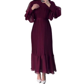 Sexyshine Women's Mock Neck Long Sleeve Full Pleated Chiffon Maxi Dress High Waist Belted Ruffle A Line Cocktail Party Long Dress(27061WR,XL) Wine Red