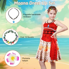 URAQT Girls' Moanna Princess Dress, Cosplay, Carnival, Fancy Dress, Party, Princess Dress with Children's Accessories, Necklace, Flower Hoop, Hair Clip Top + Skirt (150 cm)