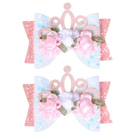 Pink Crown Hair Clips Fashin flower Hair Bows Boutique Glitter Hair Accessories for School Birthday Christmas