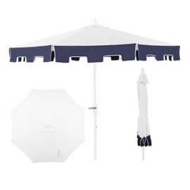 JONATHAN Y UMB1000A Baiona 9 ft. Classic MidCentury Market Patio Umbrella with UV Protection, Auto-Tilt, Crank and Wind Vent in White/Navy