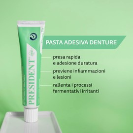 President PASTA ADESIVA DENTURE 40g, Fissaggio Forte della Dentiera, Pasta per Dentiera a Presa Rapida, Adesione Duratura, Evita Infiltrazioni di Cibo, Non Irrita Gengive - 40g