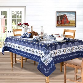 Home Bargains Plus Rectangle Fabric Tablecloth, 60 x 120 Inch, Blue Provence Rooster, Wrinkle, Water and Stain Resistant Country Provence Table Cloth, Farm