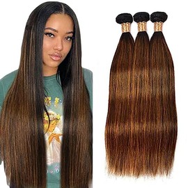 AiPliantfis 3 Bundles Brazilian Hair Bundle p4/30 Brown Human Hair Straight Bundles Brazilian Remy Hair Human Hair Extensions for Women 3 Bundles Real Hair Wefts 24 26 28 Inches