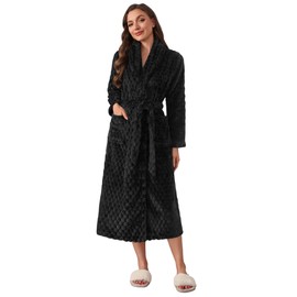 Ekouaer Women's Fleece Bathrobe Long Jacquard Plush Robe Fluffy Robes with Pockets Winter Soft Sleepwear Black L