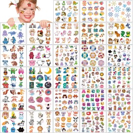 Temporary Tattoo Kids,28 Sheets Mixed Styles Tattoos for Kids Cute Temporary Tattoos Stickers for Girls and Boys, Animals Numbers Plants Fruits Fake Tattoos